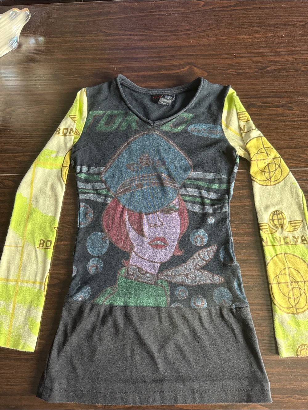 Custo Barcelona Black Graphic Long Sleeve Top with Yellow Sleeves